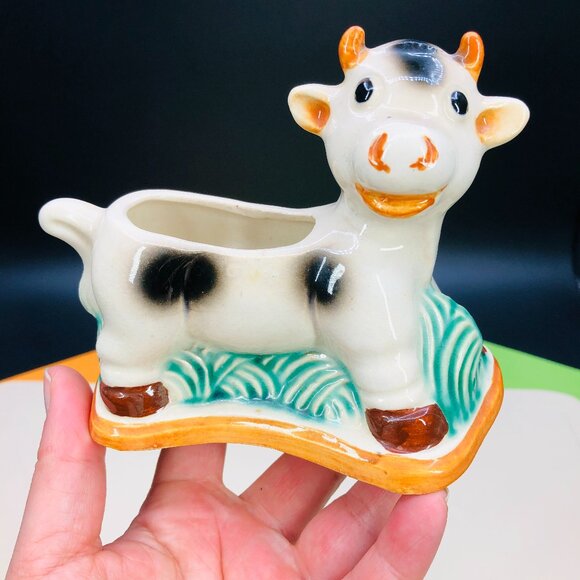 Vintage 60s Ceramic COW Planter - Mid Century Kitsch Toothpick or Match Holder - Picture 1 of 13